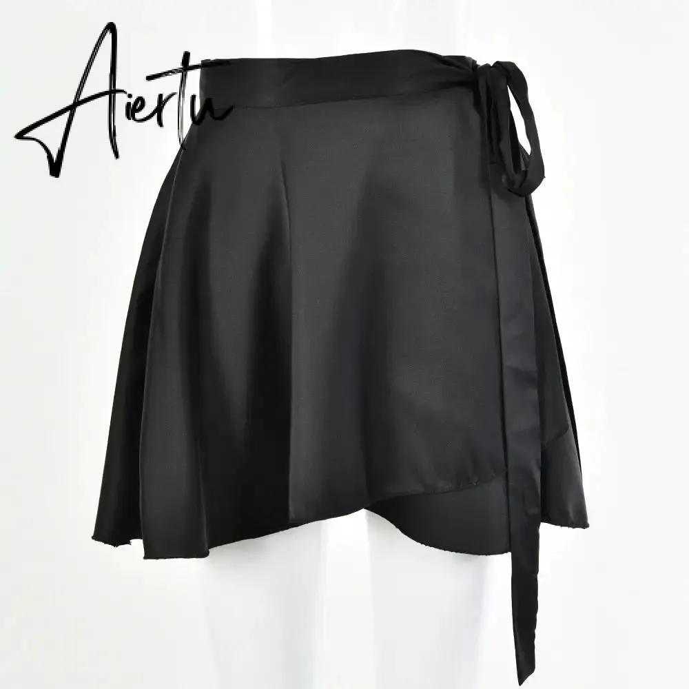 Aiertu  Casual Satin Two Piece Dress Set For Women White O-neck Button Top Bandage Mini Pencil Skirts Outfits Fashion Party Suit