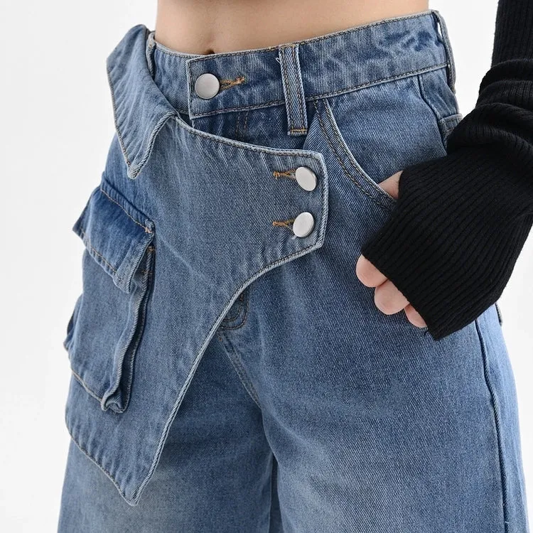 Blue Irregular Retro Wide-leg Jeans