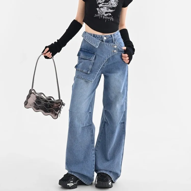 Blue Irregular Retro Wide-leg Jeans