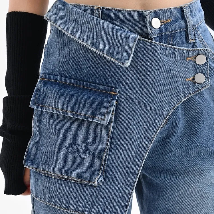 Blue Irregular Retro Wide-leg Jeans