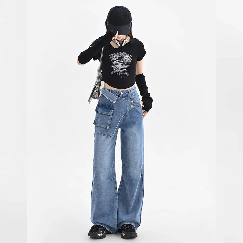 Blue Irregular Retro Wide-leg Jeans
