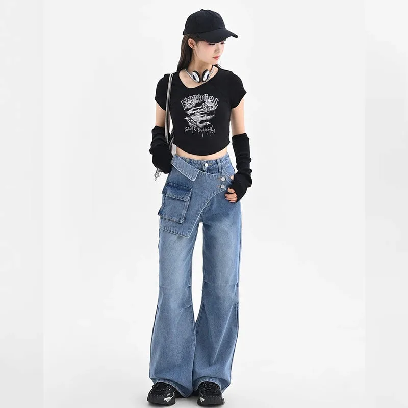 Blue Irregular Retro Wide-leg Jeans