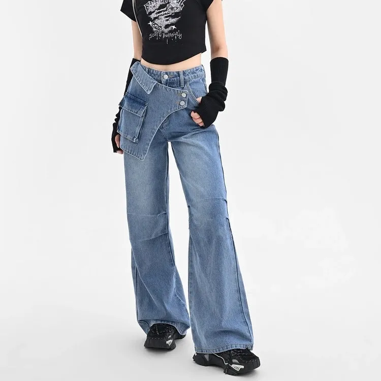 Blue Irregular Retro Wide-leg Jeans