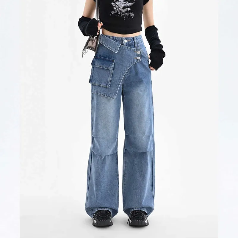 Blue Irregular Retro Wide-leg Jeans