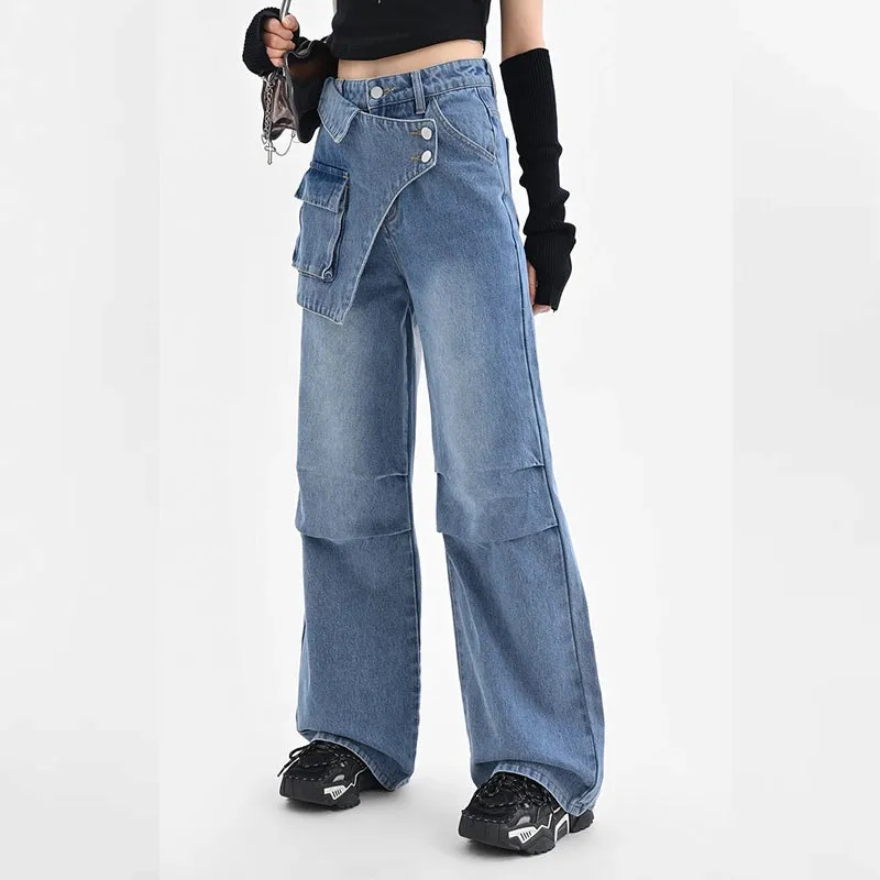 Blue Irregular Retro Wide-leg Jeans