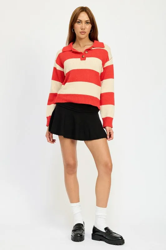 Bold Stylish Stripe High Collared Knit Sweater Top