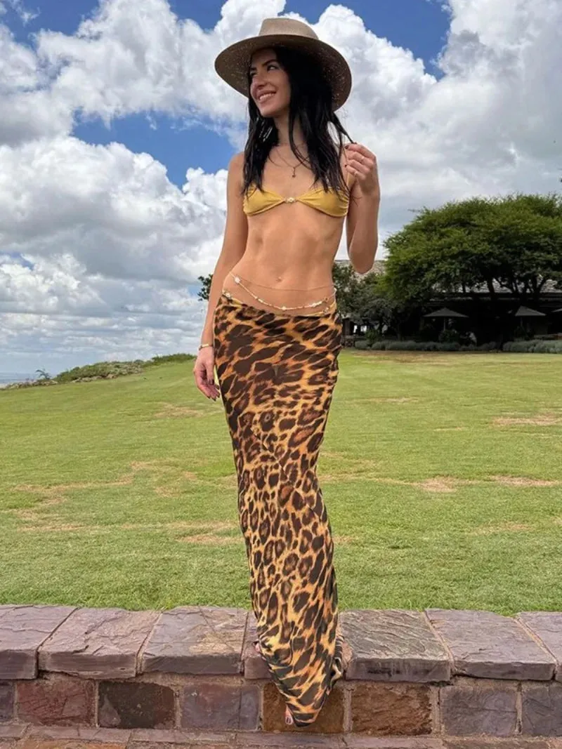 Bonnyshow Women's Leopard Printed Long Skirts for Women   Streetwear Elegant Fashion Low Waist Summer Skirt Female Slim Holiday Dresses