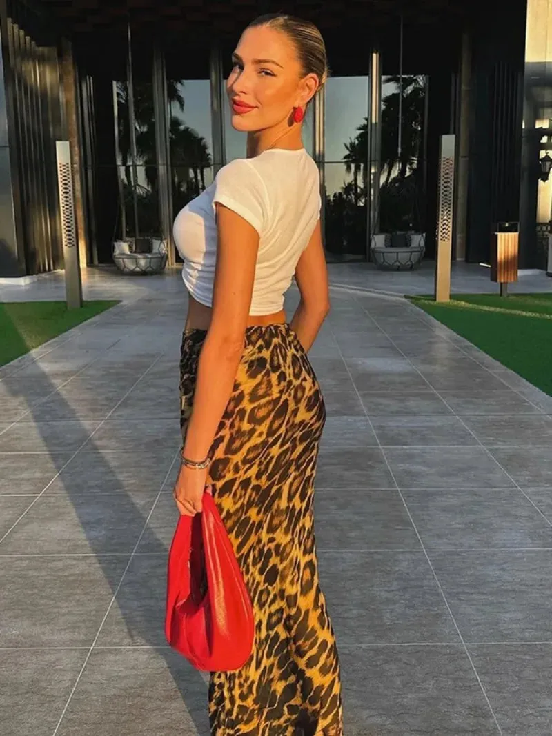 Bonnyshow Women's Leopard Printed Long Skirts for Women   Streetwear Elegant Fashion Low Waist Summer Skirt Female Slim Holiday Dresses