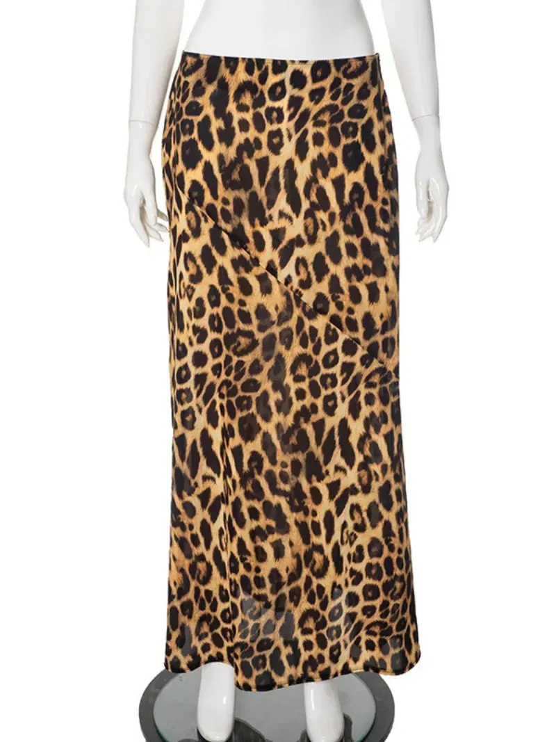 Bonnyshow Women's Leopard Printed Long Skirts for Women   Streetwear Elegant Fashion Low Waist Summer Skirt Female Slim Holiday Dresses