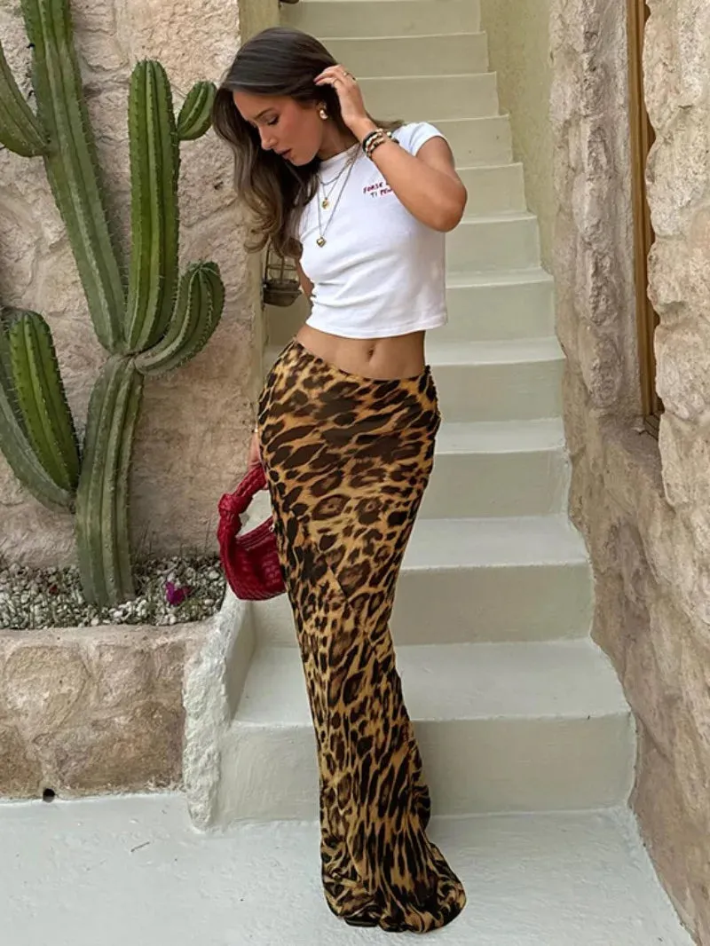 Bonnyshow Women's Leopard Printed Long Skirts for Women   Streetwear Elegant Fashion Low Waist Summer Skirt Female Slim Holiday Dresses