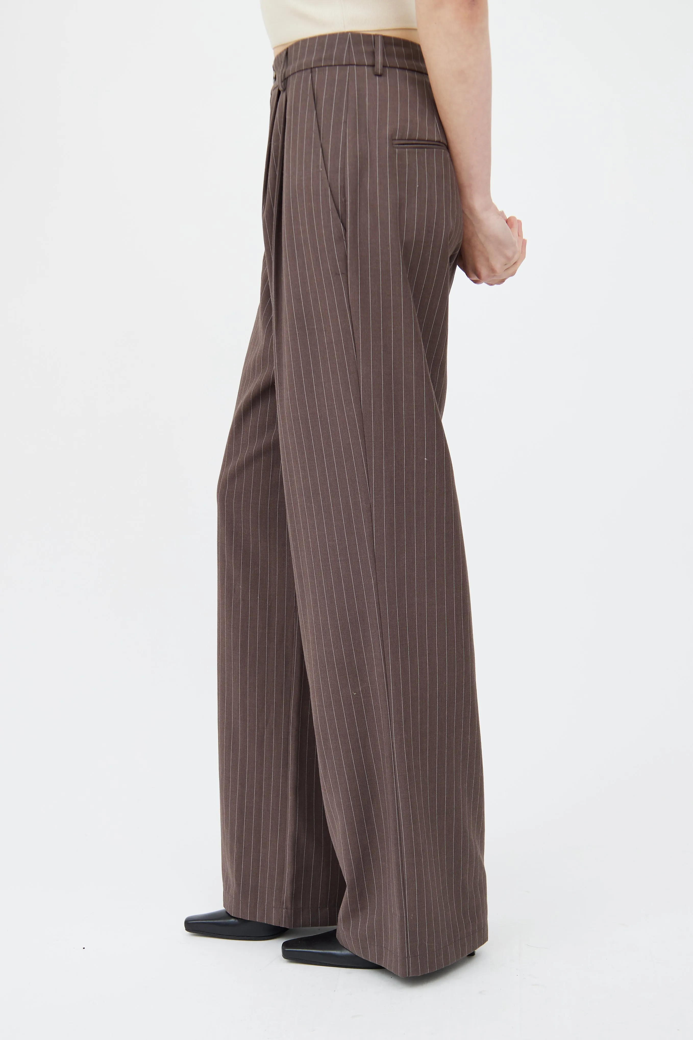 Brown & White Pinstripe Wide Leg Trouser