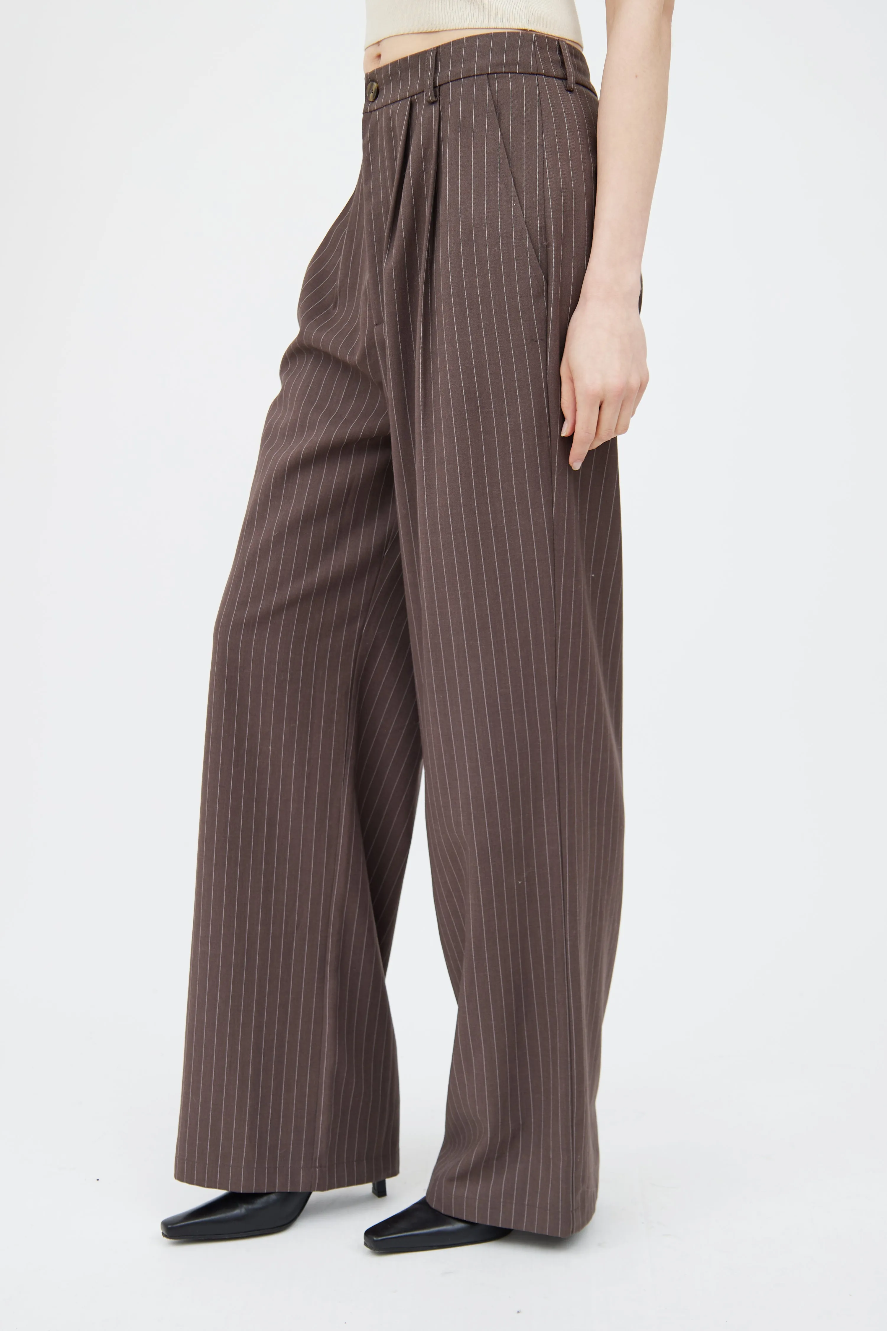 Brown & White Pinstripe Wide Leg Trouser