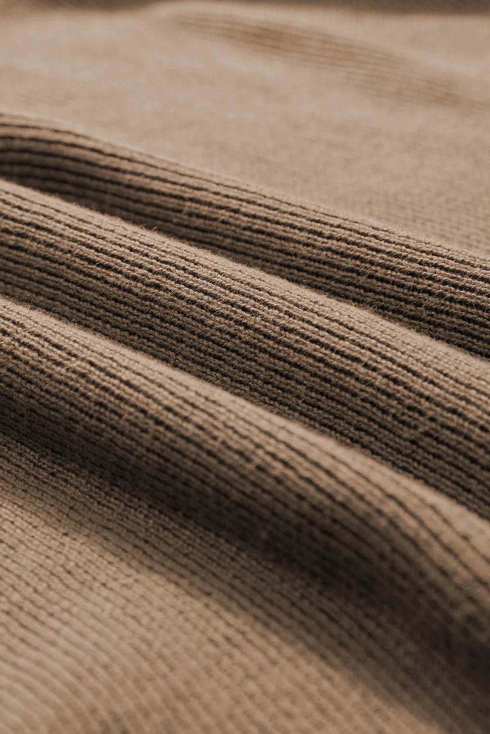 Coffee Round Neck Half Sleeve Ribbed Knit Top