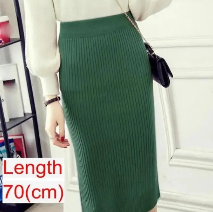 Elegant Midi Knitted Skirts Women 2023 Autumn Winter Ladies Korean High Waist Pencil Skirt Black Warm Long Skirt Jupe Femme