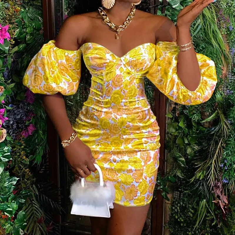 Fashionkova  2022 Summer Women Pencil Dress Off Shoulder Floral Elegant Dresses Sexy Skinny Evening Party Formal Dresses Ruffles Ladies Dress