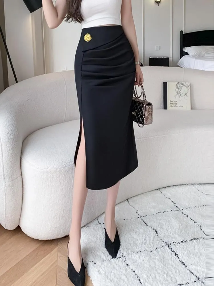 Fashionkova Office Lady Elegant Pencil Skirts New Arrival 2023 Korean Style Solid Color All-match High Waist Women Long Skirt W1355