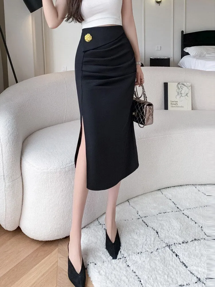 Fashionkova Office Lady Elegant Pencil Skirts New Arrival 2023 Korean Style Solid Color All-match High Waist Women Long Skirt W1355
