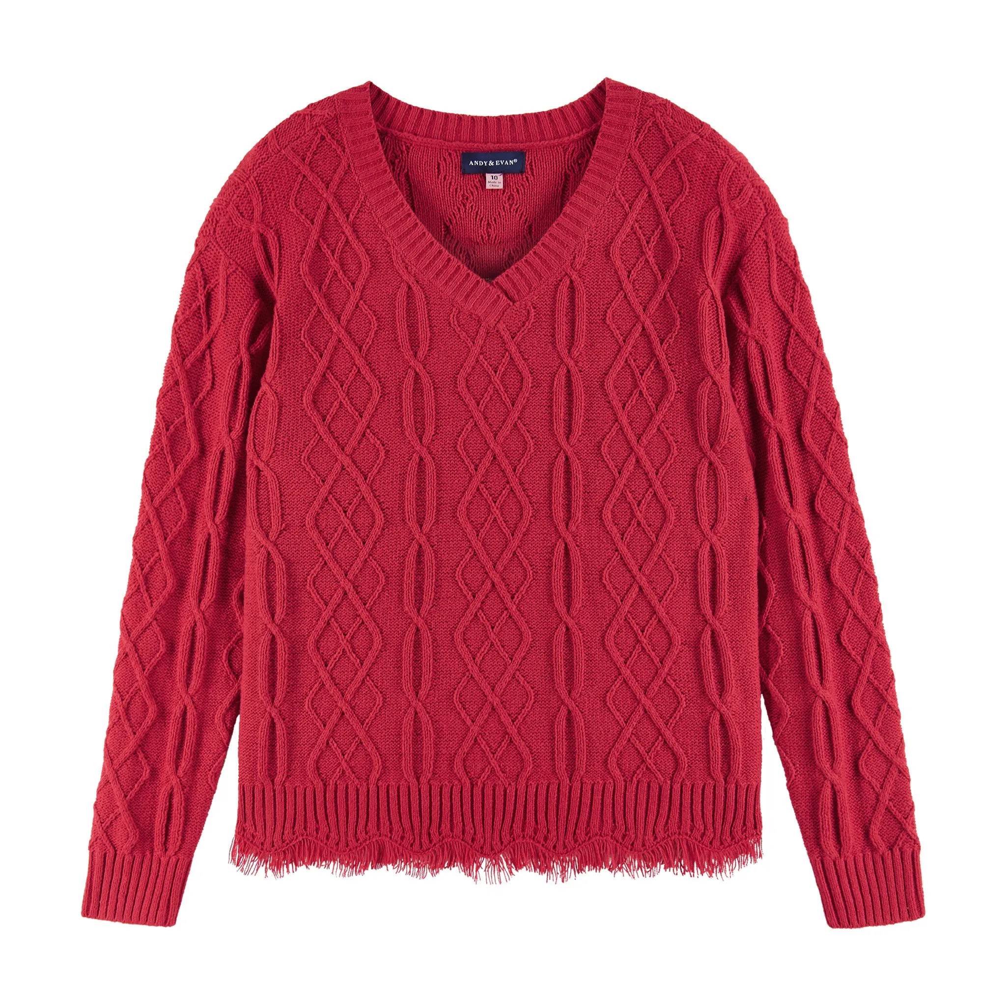 Kids (7-16) Cable Knit V-Neck Sweater | Red