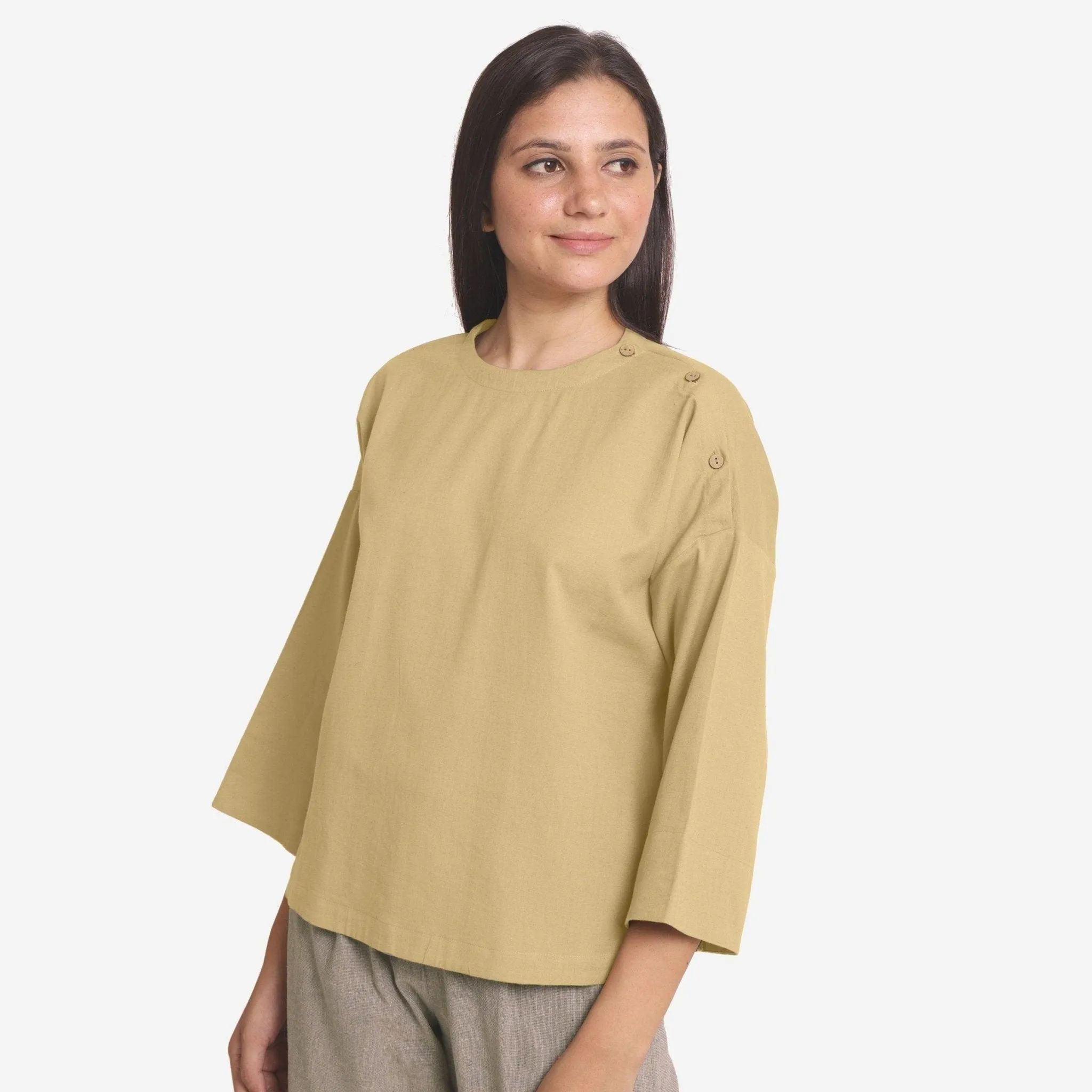 Light Khakhi Cotton Flax Round Neck Loose Fit A-Line Top