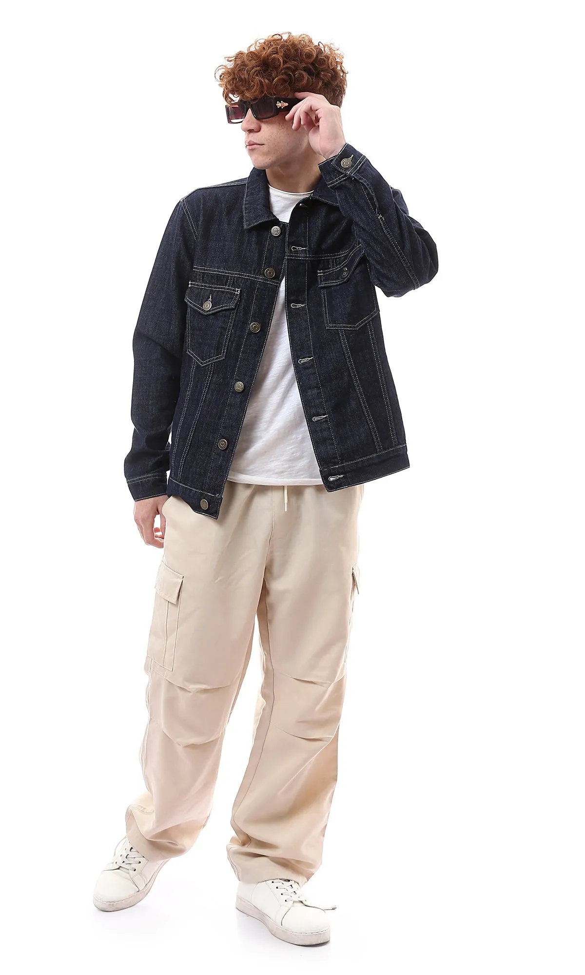 O174494 Long Sleeves Dark Navy Blue Casual Denim Jacket