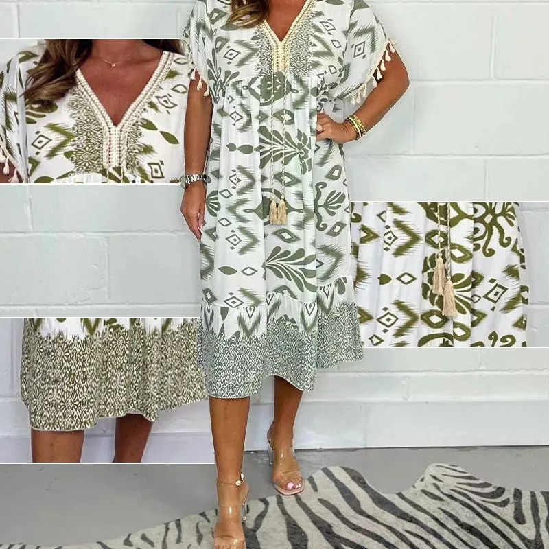 Printed Casual Dress With V-Neckline and Fringes on the Short Sleeves