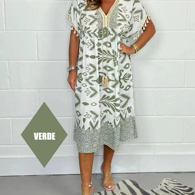 Printed Casual Dress With V-Neckline and Fringes on the Short Sleeves