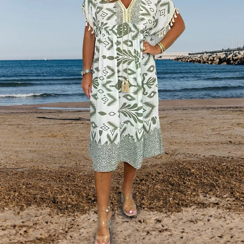 Printed Casual Dress With V-Neckline and Fringes on the Short Sleeves