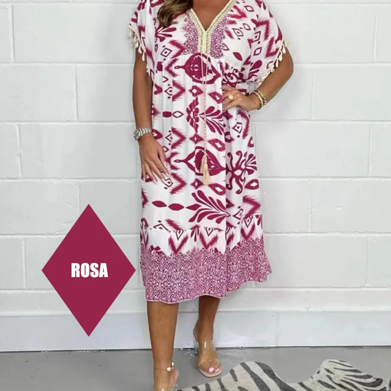 Printed Casual Dress With V-Neckline and Fringes on the Short Sleeves