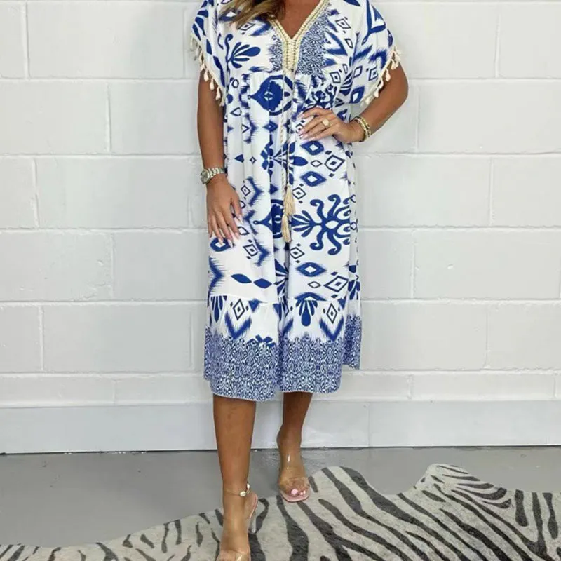 Printed Casual Dress With V-Neckline and Fringes on the Short Sleeves