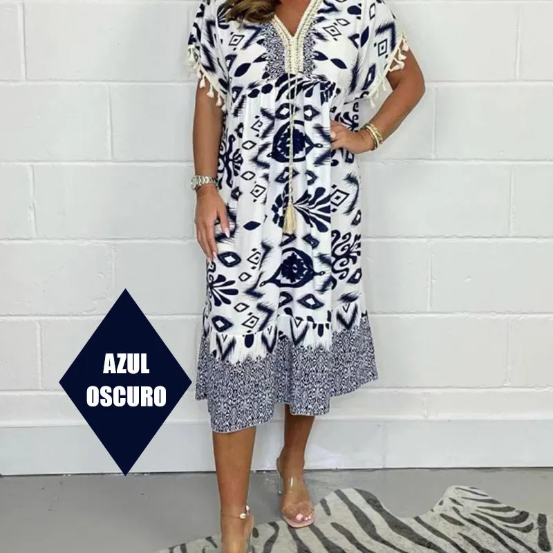 Printed Casual Dress With V-Neckline and Fringes on the Short Sleeves