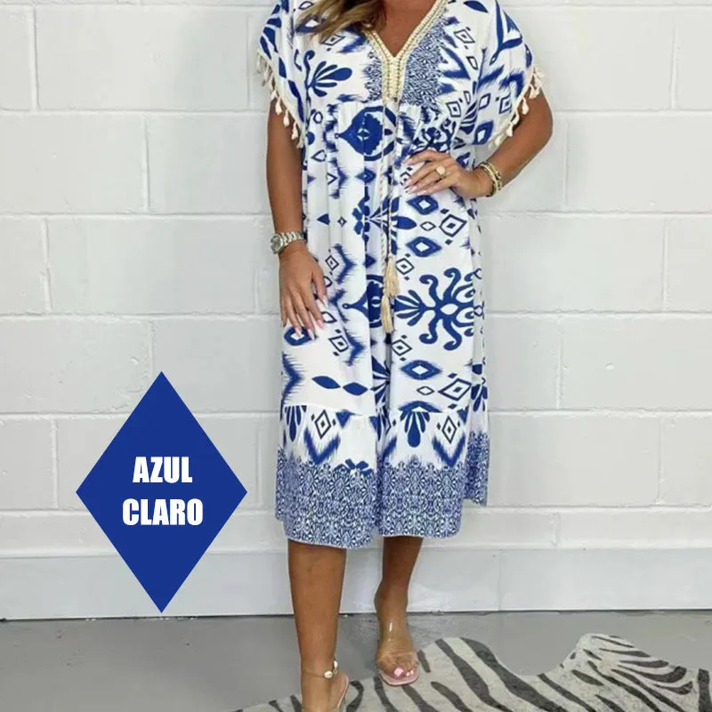 Printed Casual Dress With V-Neckline and Fringes on the Short Sleeves