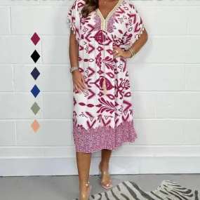 Printed Casual Dress With V-Neckline and Fringes on the Short Sleeves Printed Casual Dress With V-Neckline and Fringes on the Short Sleeves