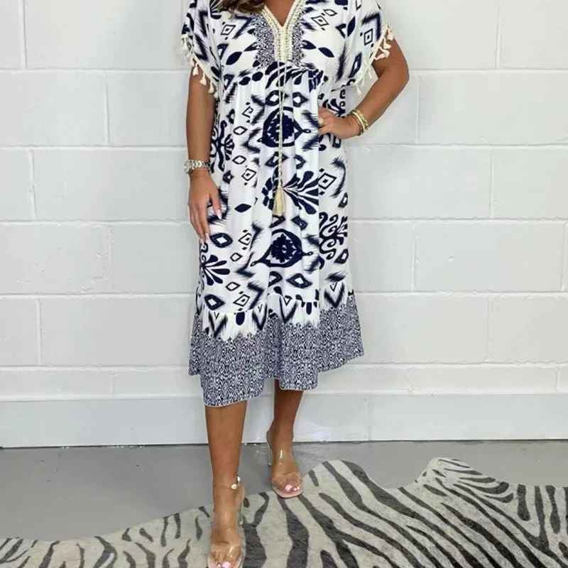 Printed Casual Dress With V-Neckline and Fringes on the Short Sleeves