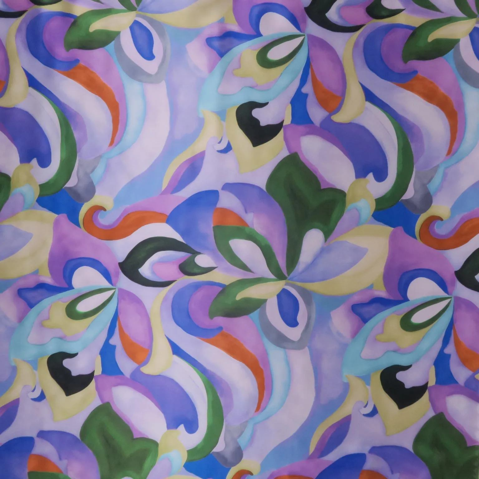 Purple and Lavender and Multicolored Painting Like Printed Silk Charmeuse Fabric