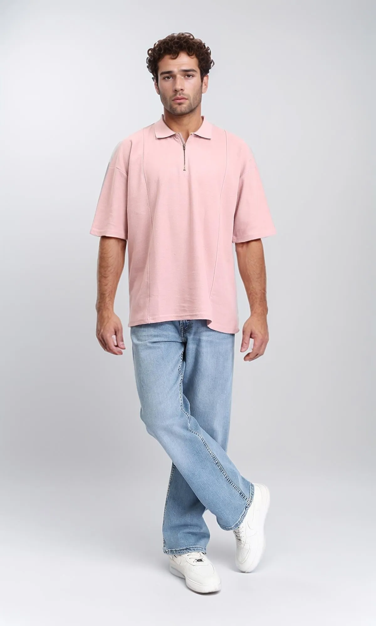 R210630 - Relaxed Fit Zipped Polo Shirt - Rose