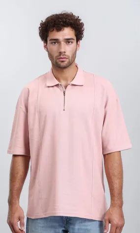 R210630 - Relaxed Fit Zipped Polo Shirt - Rose R210630 - Relaxed Fit Zipped Polo Shirt - Rose