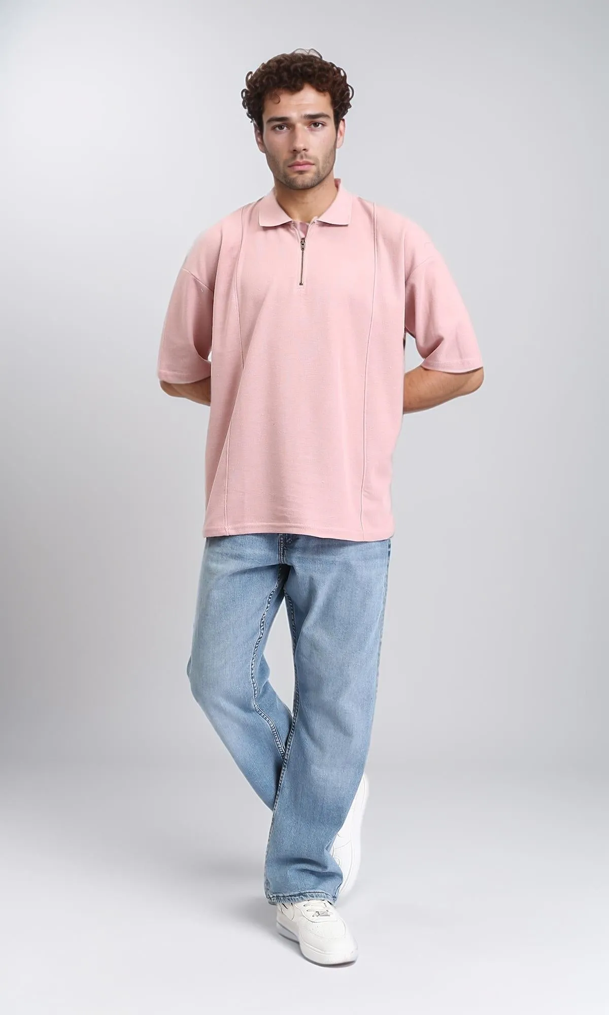 R210630 - Relaxed Fit Zipped Polo Shirt - Rose