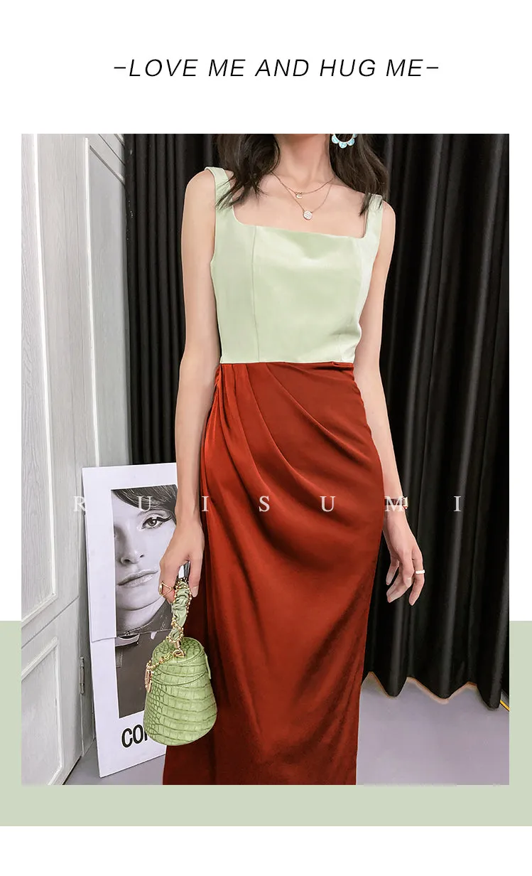 Square neck French elegant color block thin satin retro dress - Bilbo