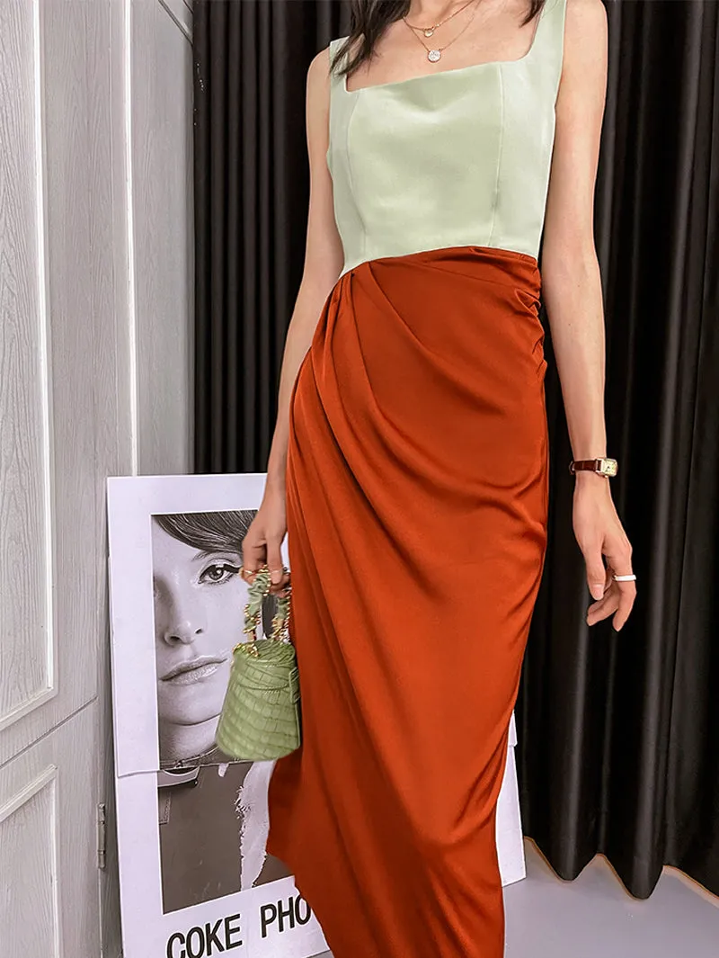 Square neck French elegant color block thin satin retro dress - Bilbo