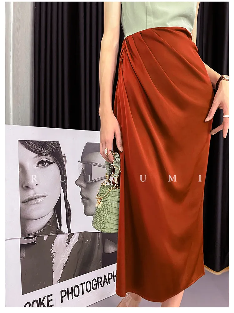 Square neck French elegant color block thin satin retro dress - Bilbo