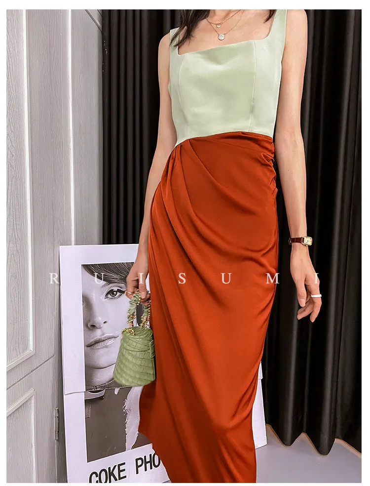 Square neck French elegant color block thin satin retro dress - Bilbo