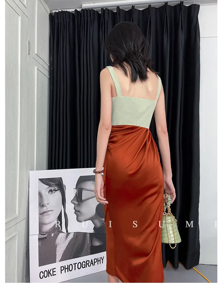 Square neck French elegant color block thin satin retro dress - Bilbo