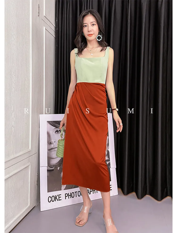 Square neck French elegant color block thin satin retro dress - Bilbo