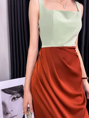 Square neck French elegant color block thin satin retro dress - Bilbo
