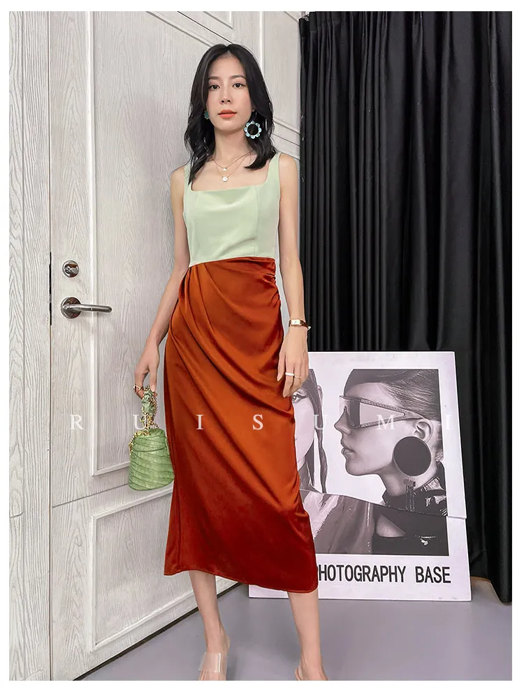 Square neck French elegant color block thin satin retro dress - Bilbo