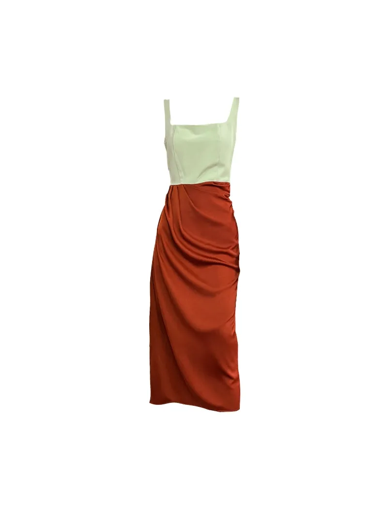 Square neck French elegant color block thin satin retro dress - Bilbo