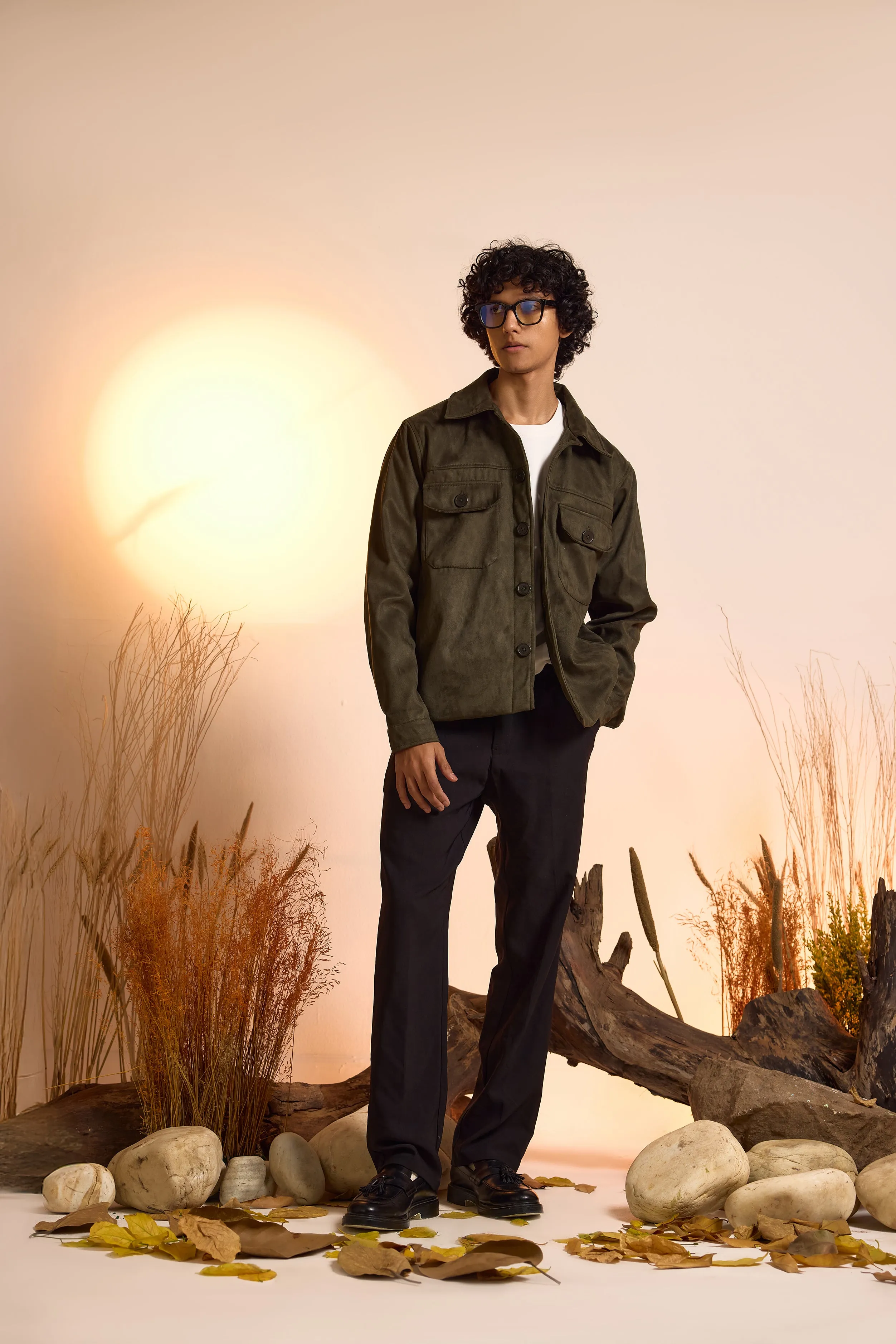 Suede Utility Oversized Jacket-Olive Green-Men
