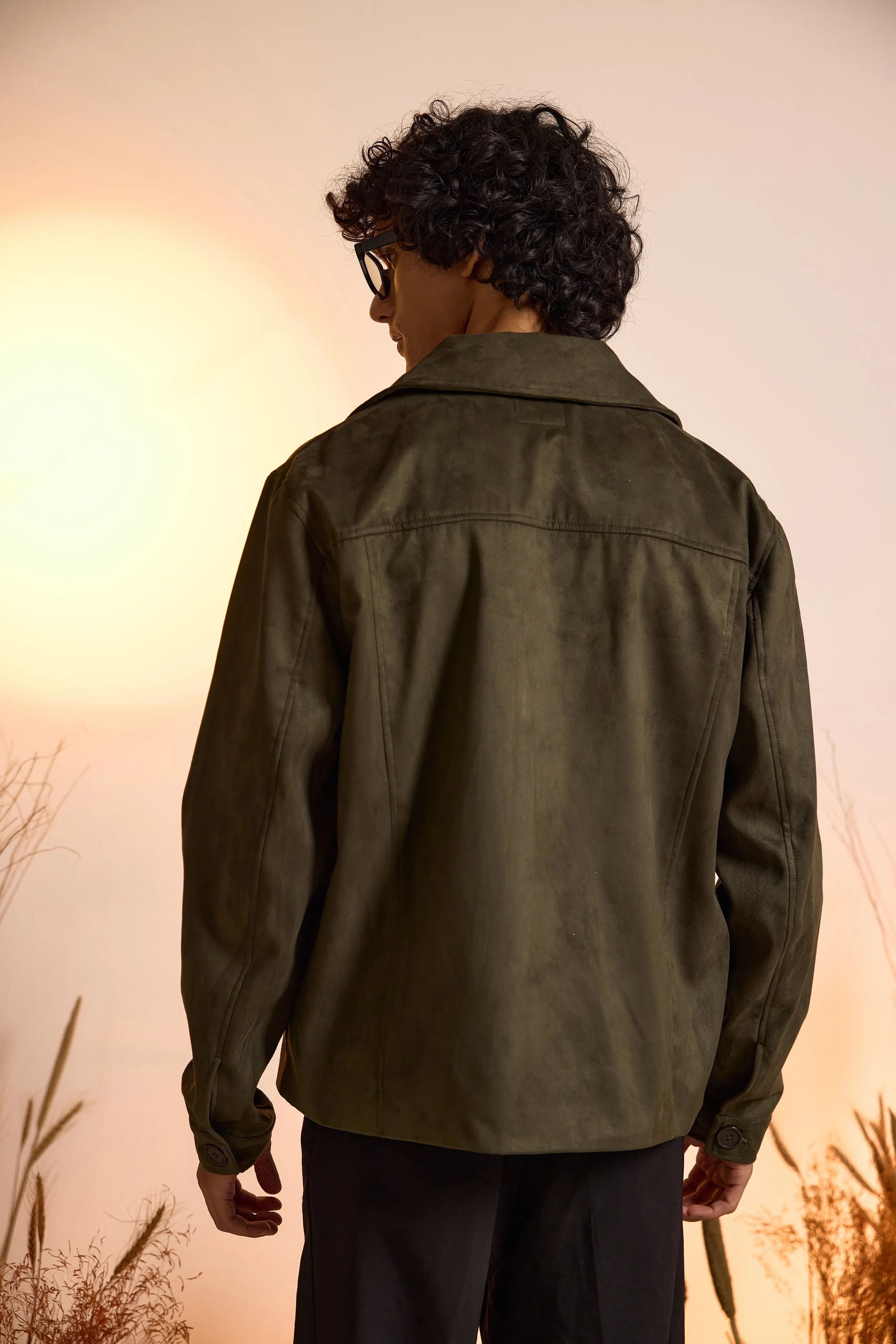 Suede Utility Oversized Jacket-Olive Green-Men