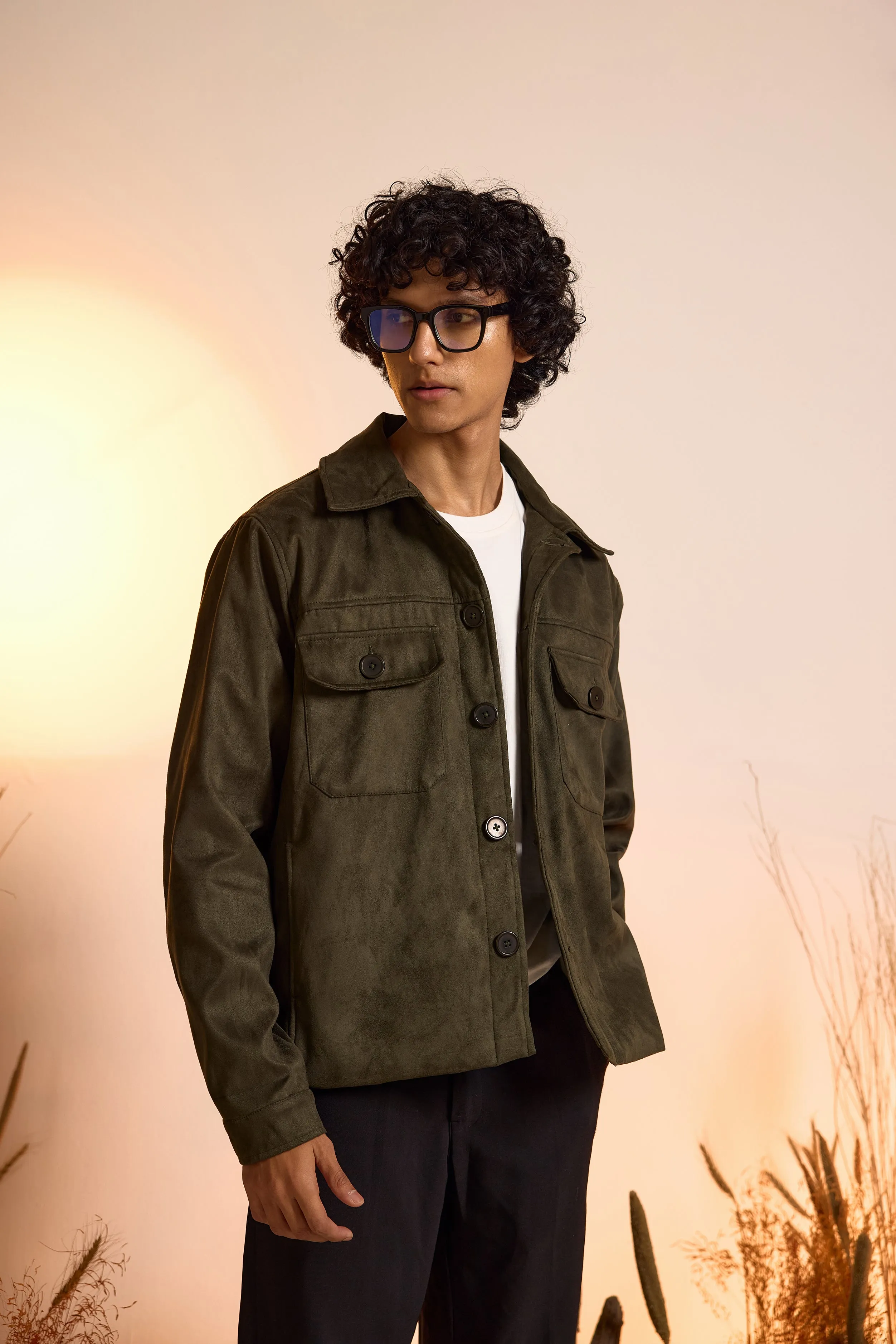 Suede Utility Oversized Jacket-Olive Green-Men