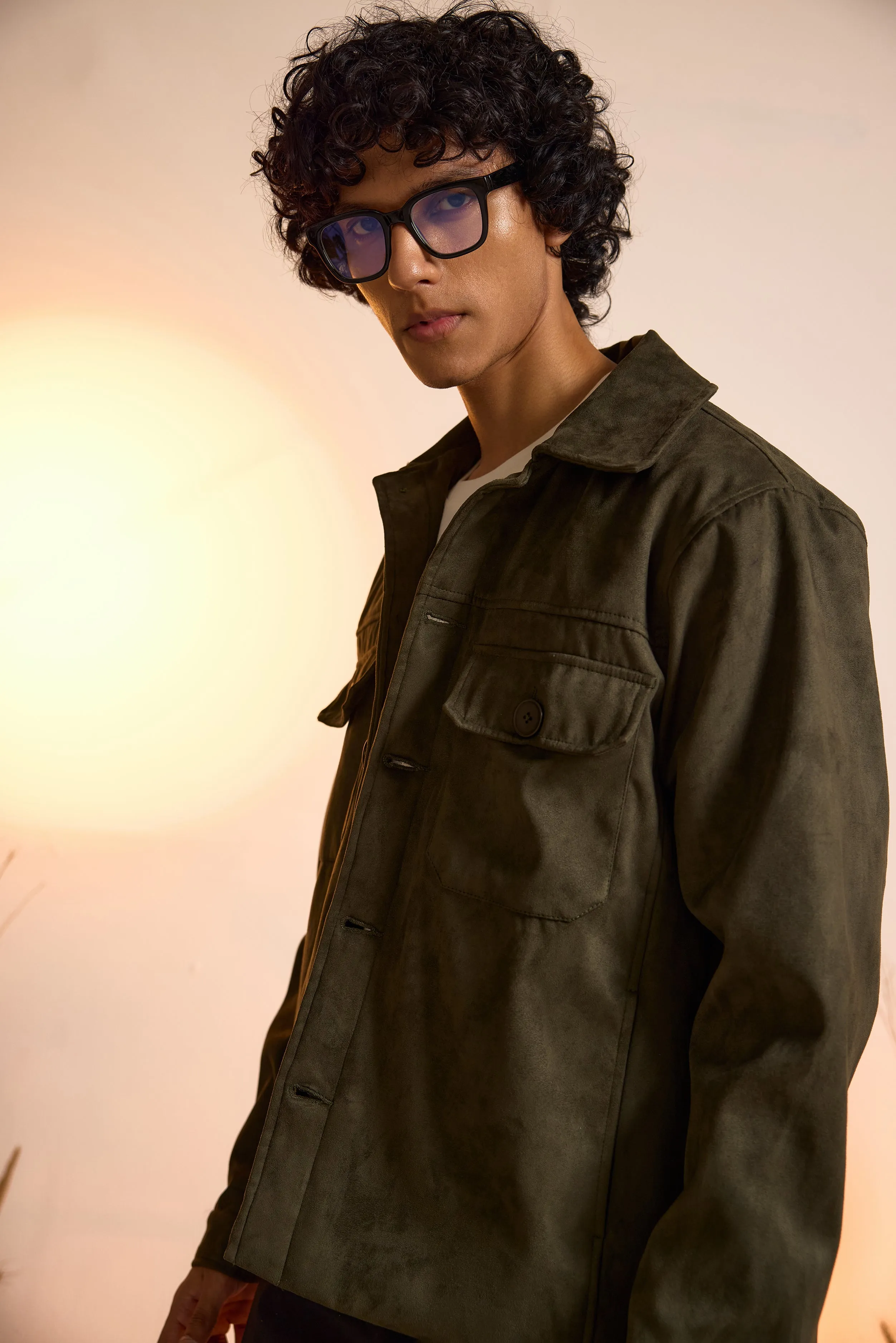 Suede Utility Oversized Jacket-Olive Green-Men